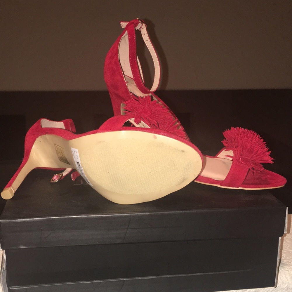Red Pom-Pom Sandal Pump w/ ankle straps